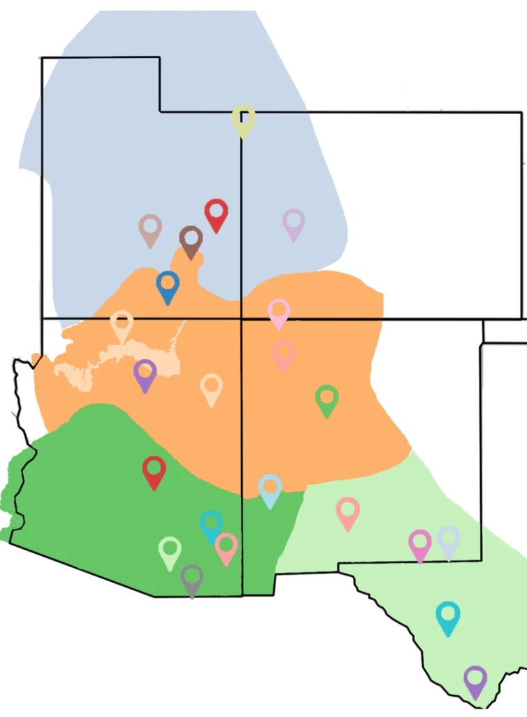 Map of the soutwestern US with biomes and research sites